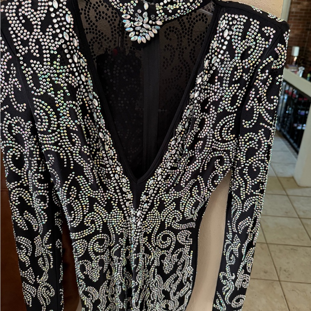 Elegant Black Long Sleeve Dress with Rhinestone Detailing